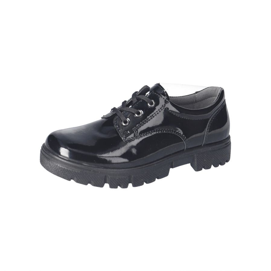 Ricosta stockist - Ricosta Stacy black patent lace up shoe with chunky sole girls school shoes - Little Bigheads