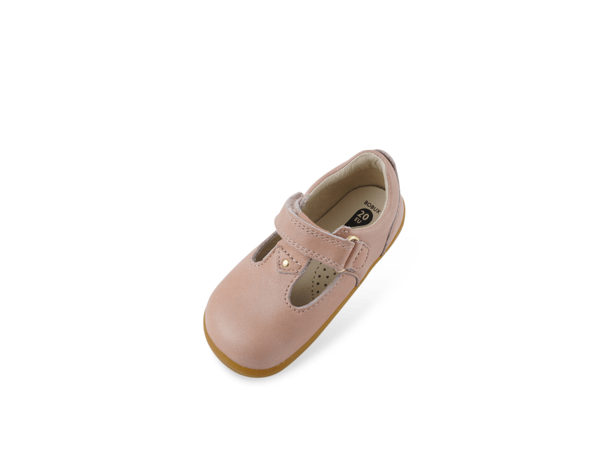 pink bobux Louise dusk pearl children's shoes with brown soles on a white background