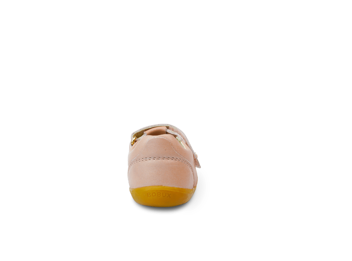 Pink bobux Louise dusk pearl children's shoes with brown soles on a transparent background