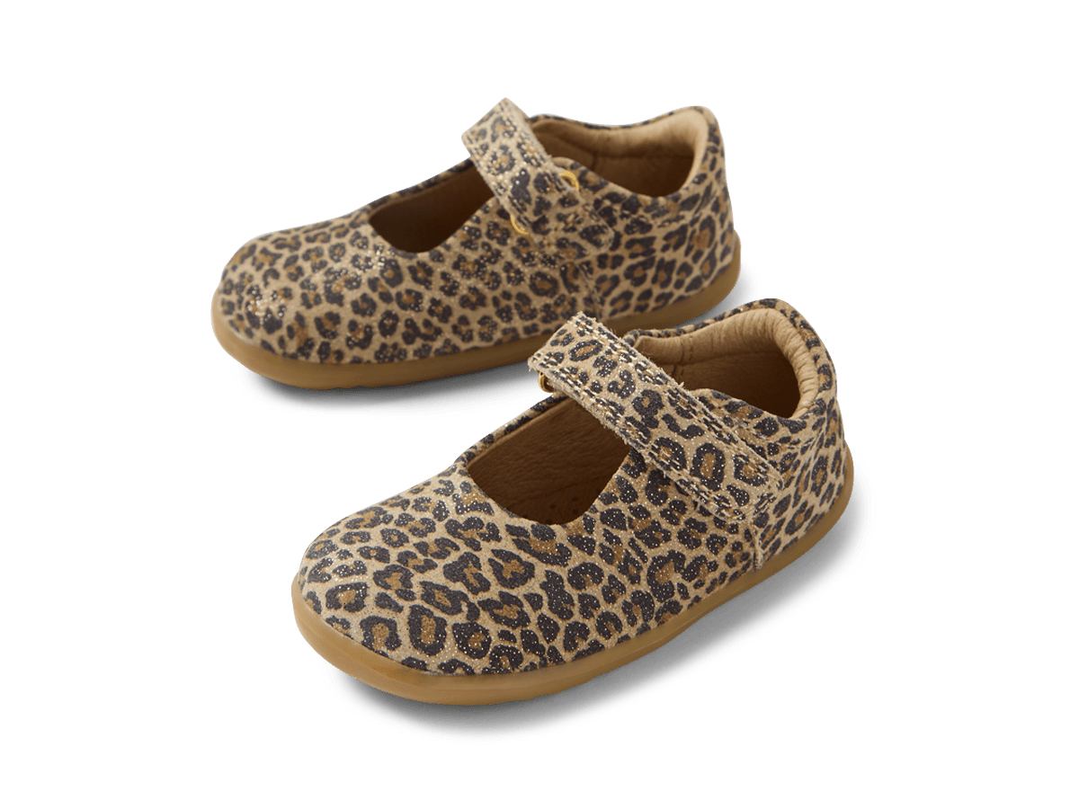 Pair of leopard print baby shoes on a white background