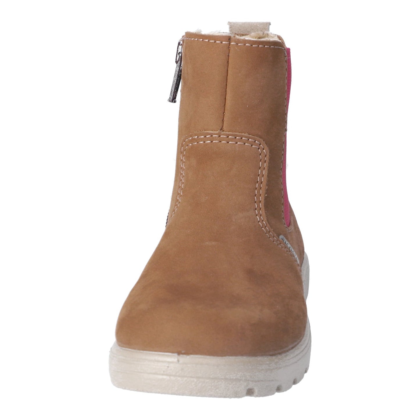 Brown suede ankle boot with a white sole on a white background