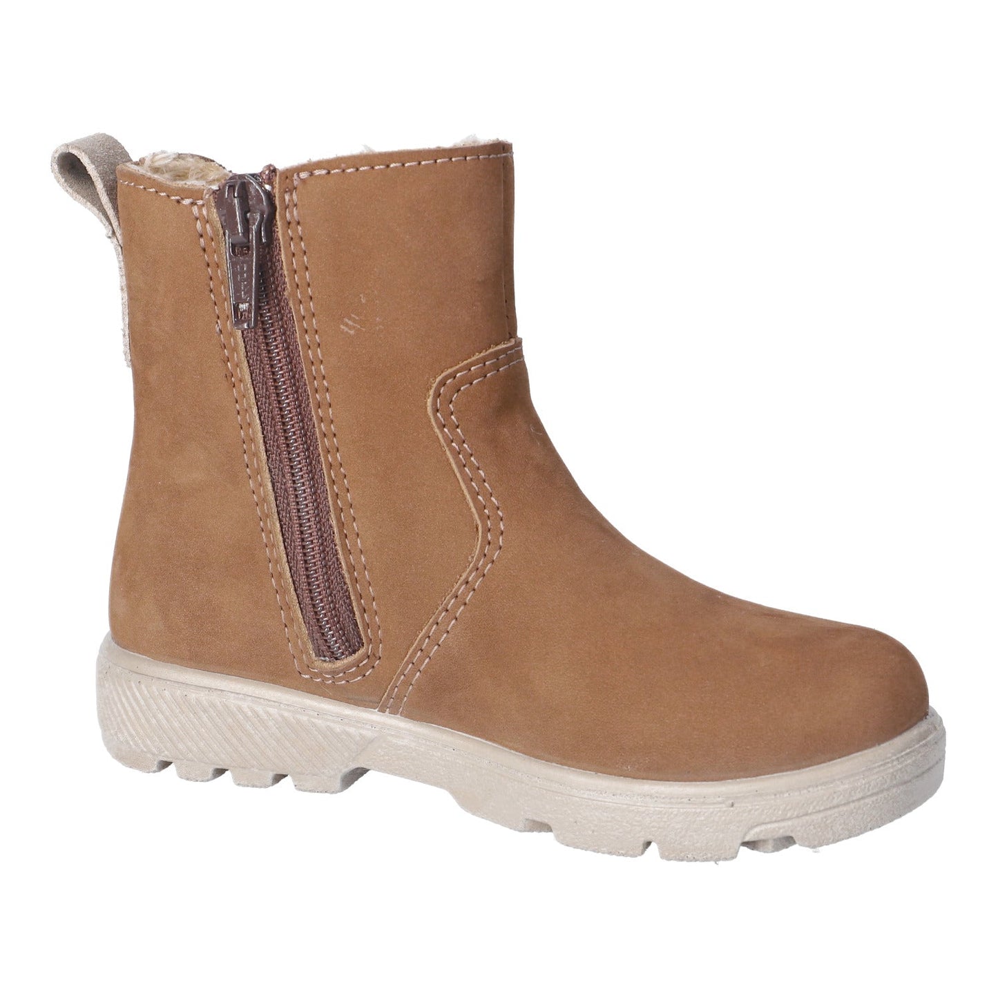 Tan boot with a zipper on a white background