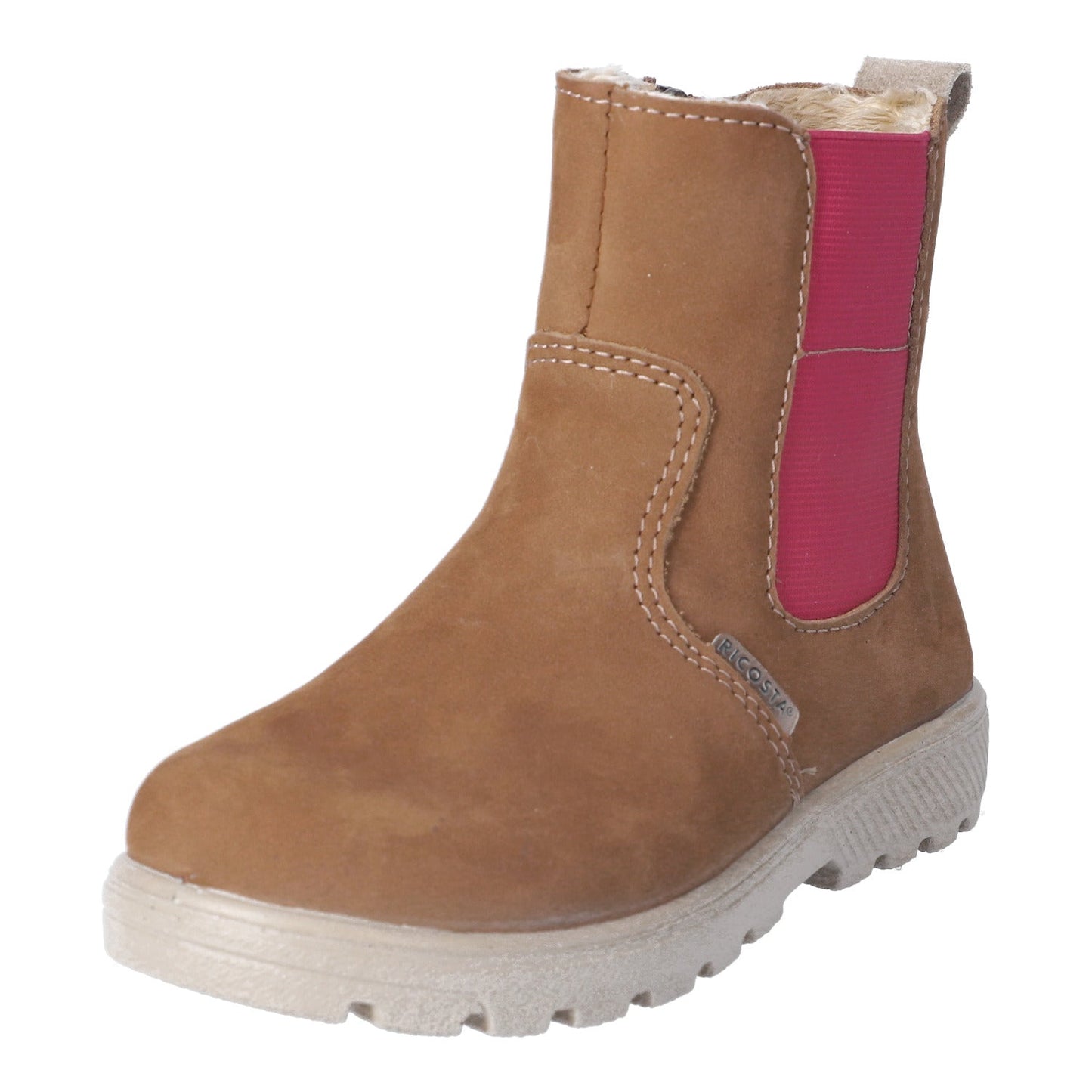 Brown boot with a pink patch on a white background