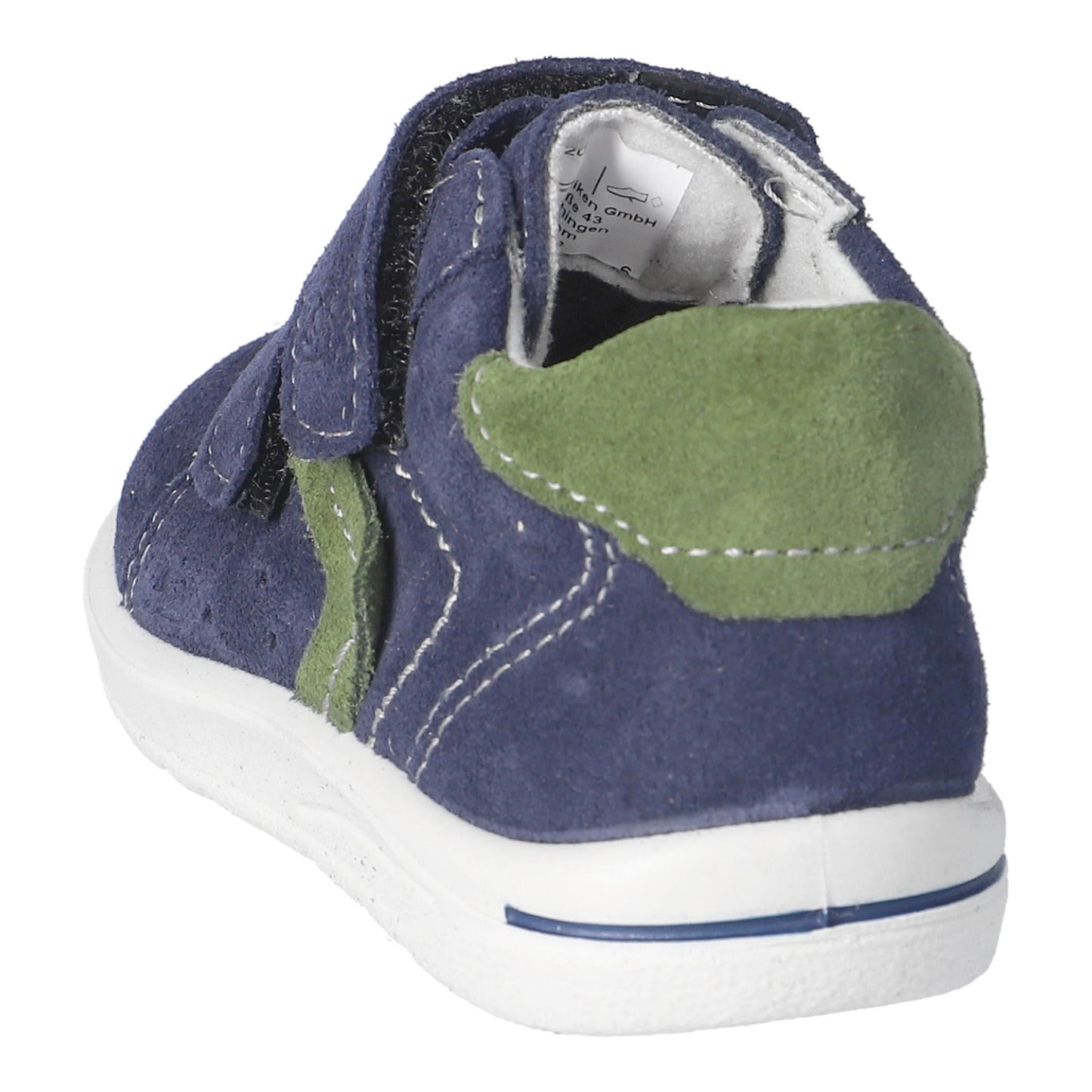 Navy blue children's shoe with green accents on a white background