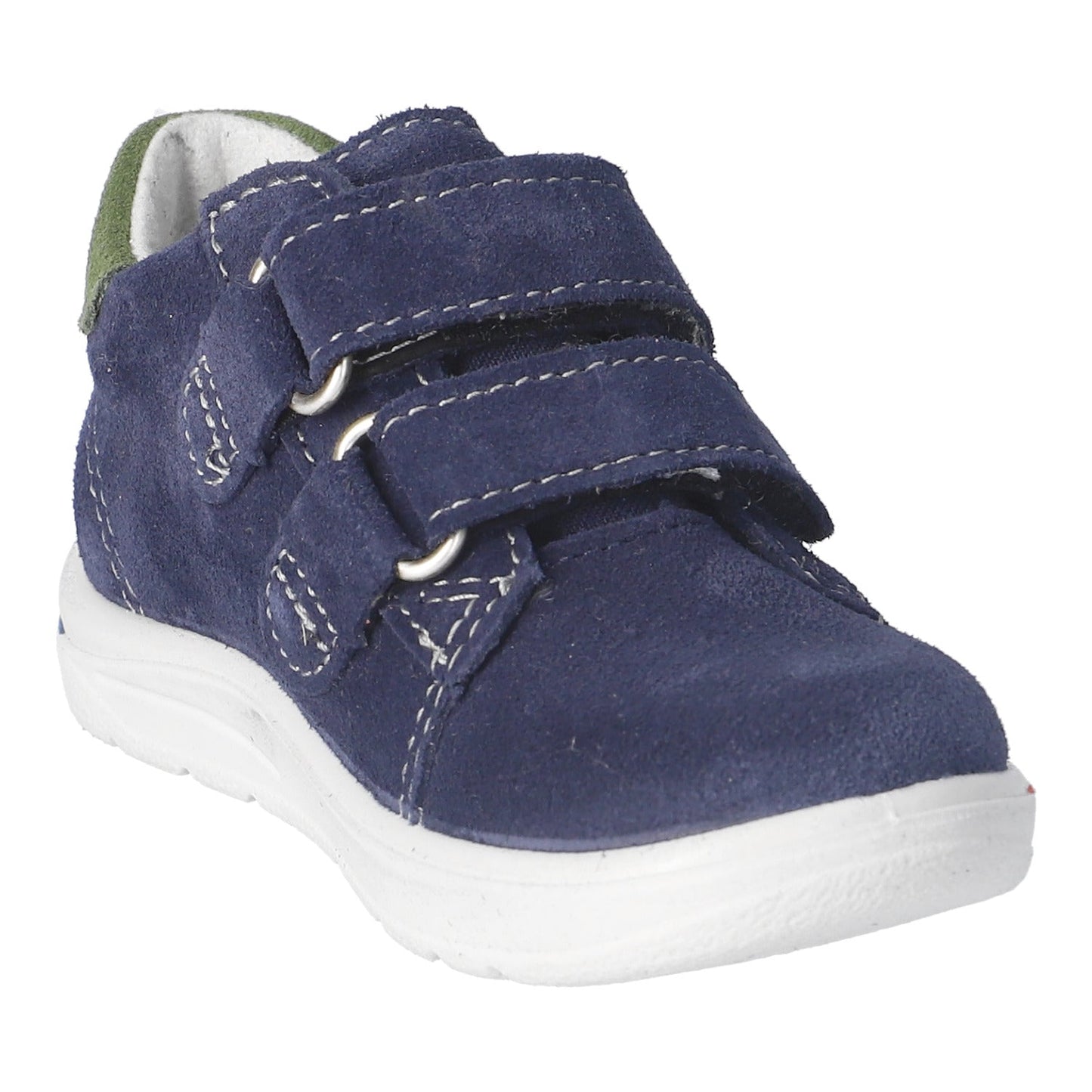 Navy blue children's shoe with green accents on a white background