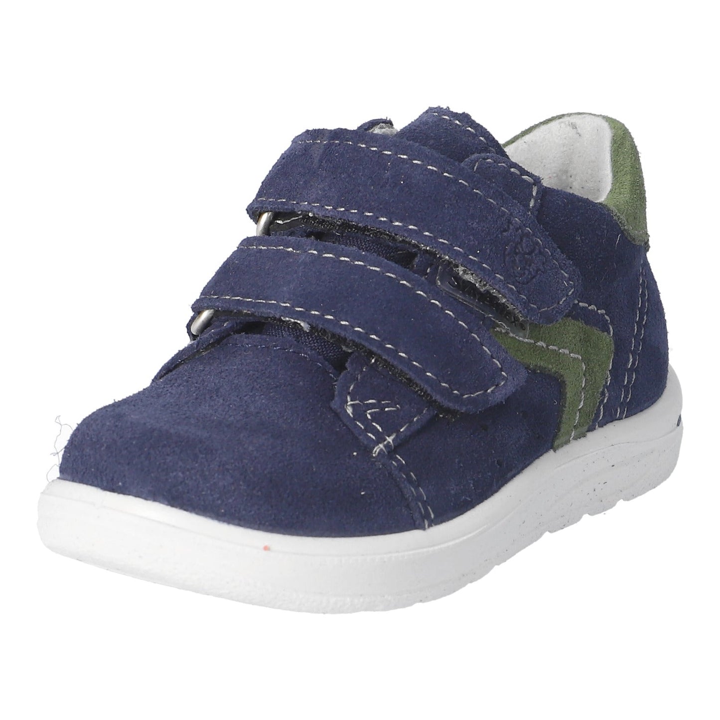 Navy blue children's shoe with green accents on a white background