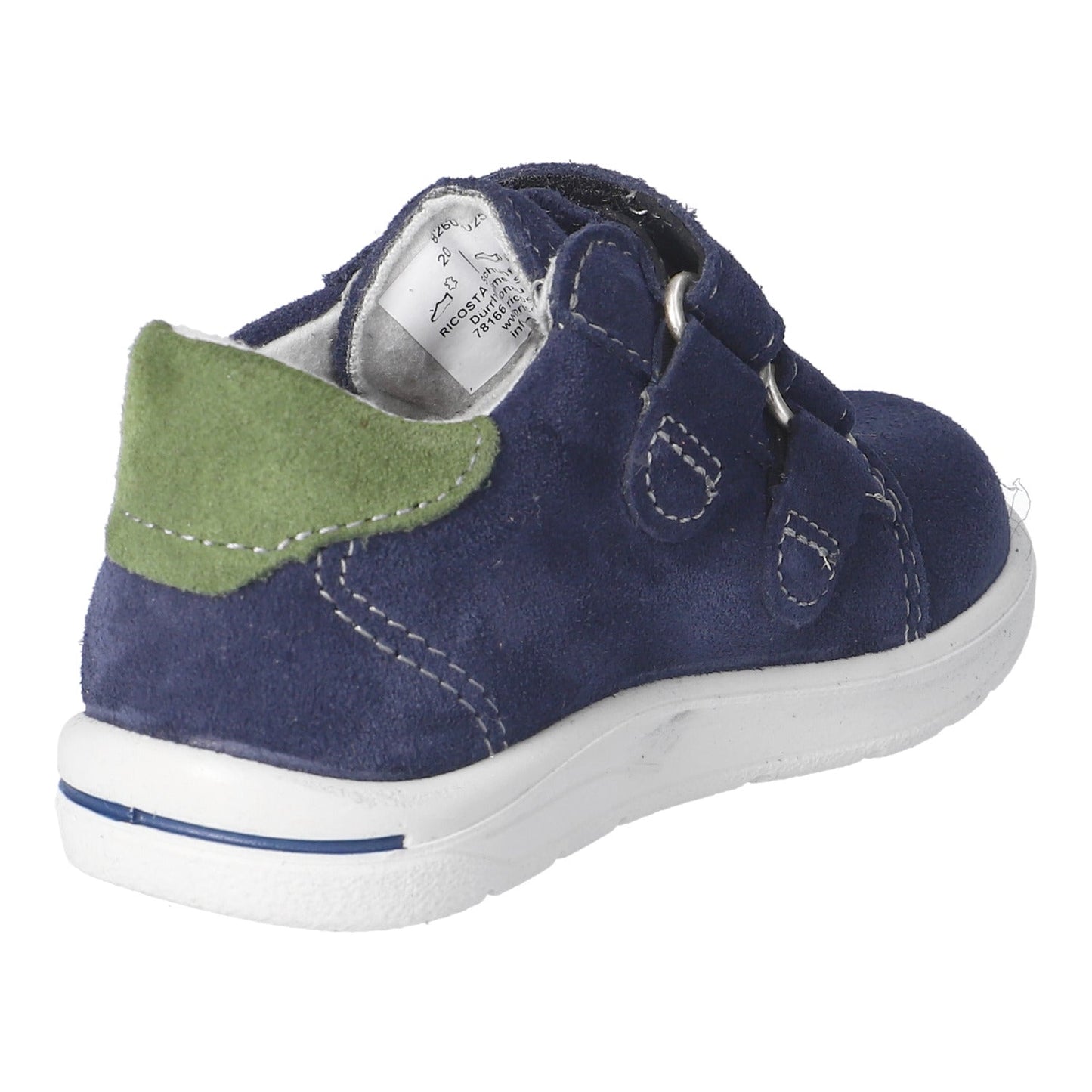 Navy blue children's shoe with green accents on a white background