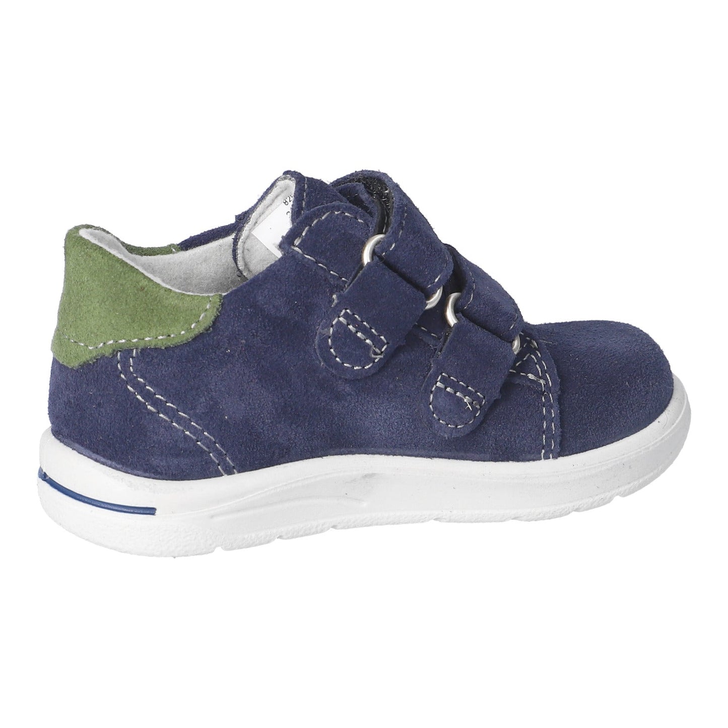 Navy blue children's shoe with green accent on a white background