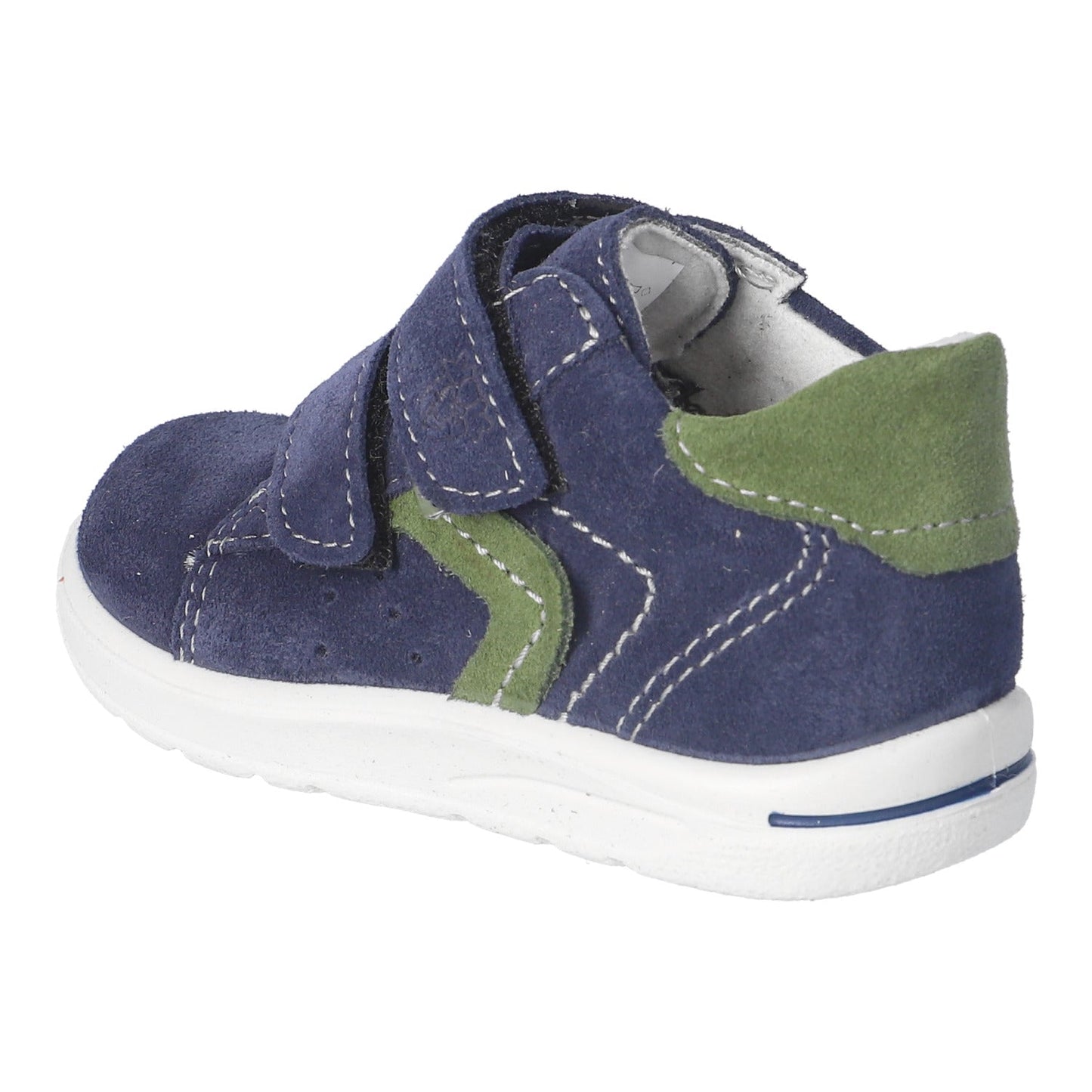 Navy blue children's shoe with green accents on a white background