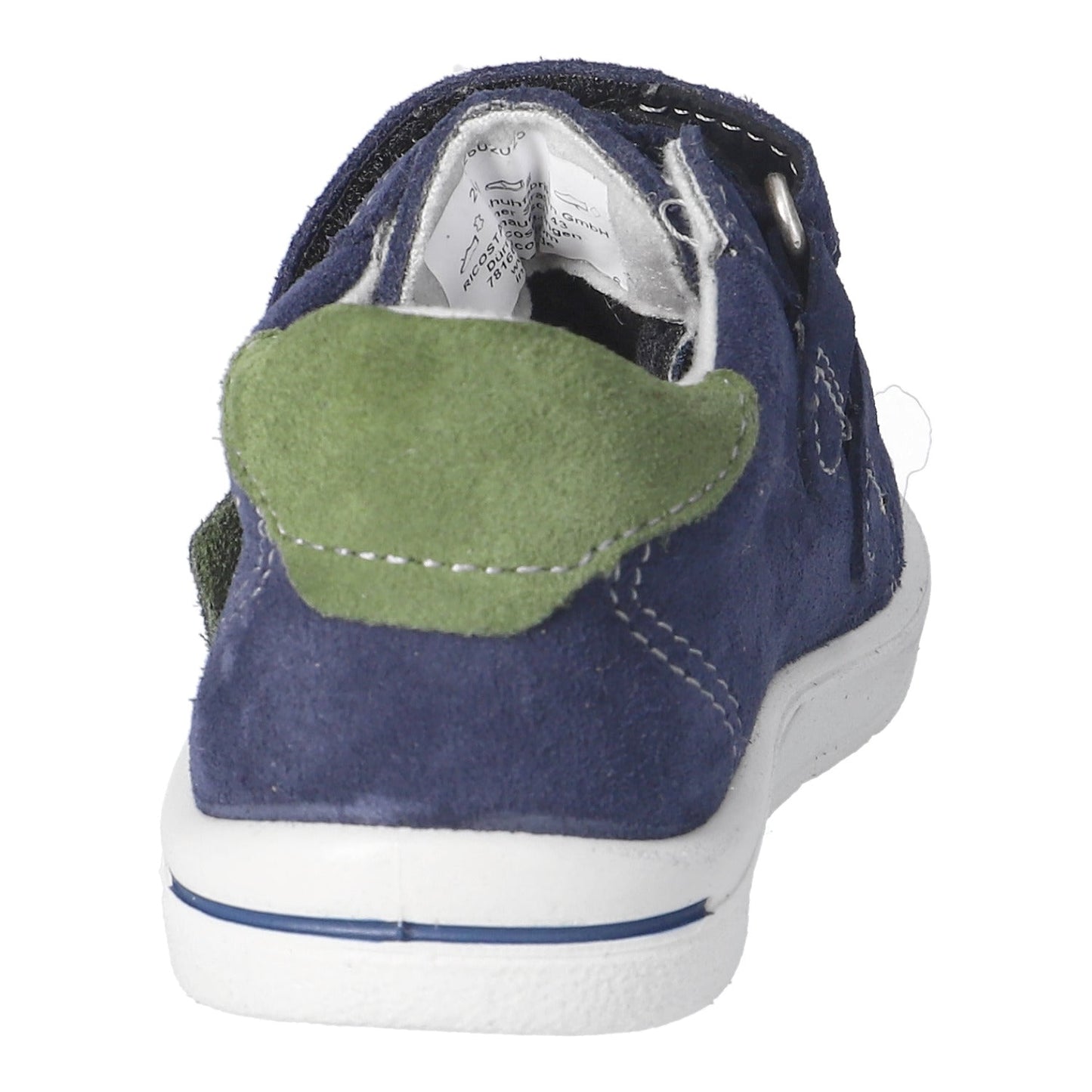 Navy blue children's shoe with a green patch on a white background