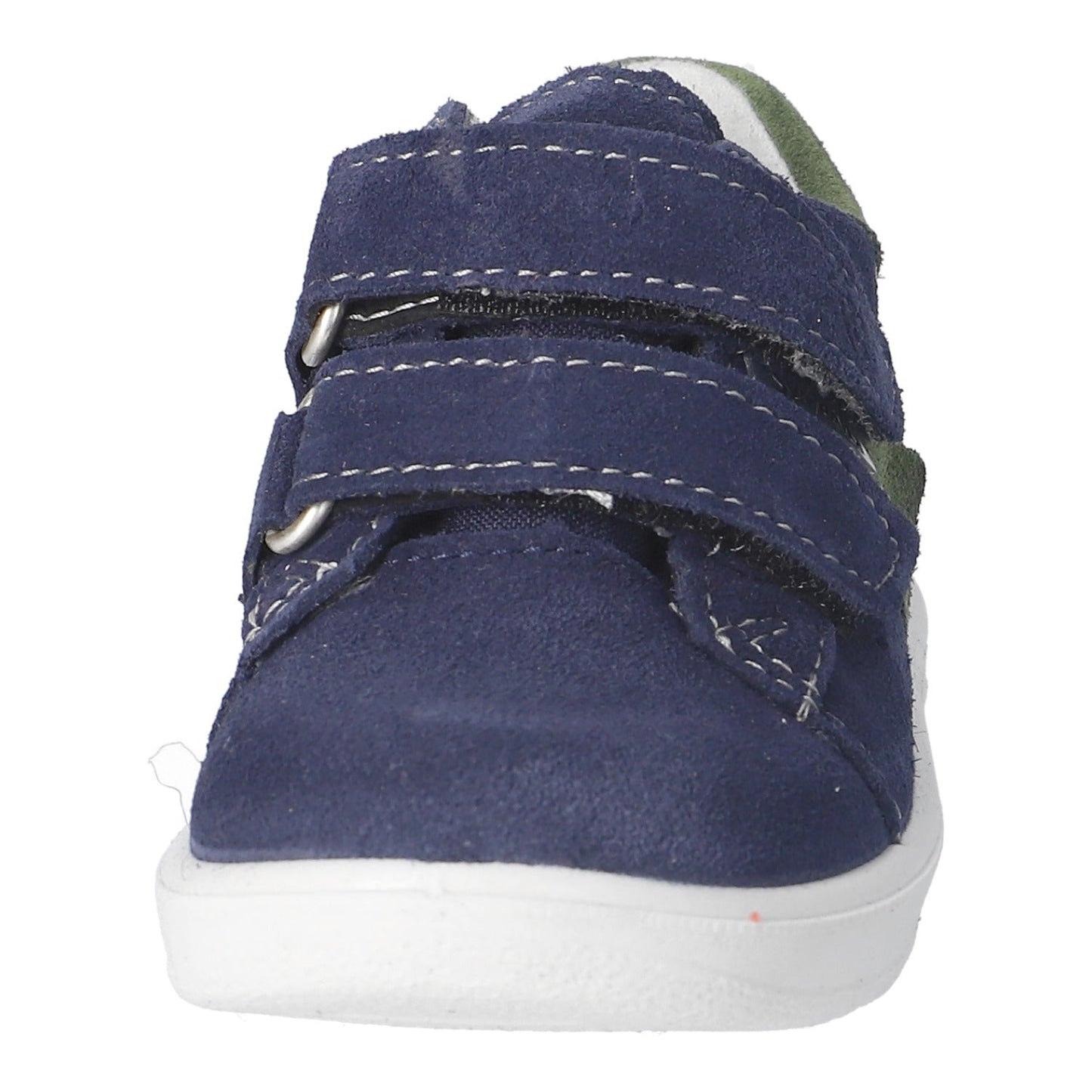 Navy blue children's shoe with velcro straps on a white background