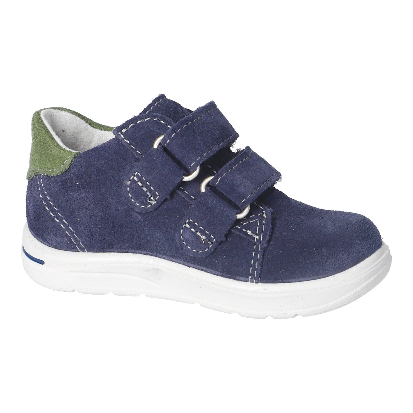 Navy blue children's shoe with velcro straps on a white background