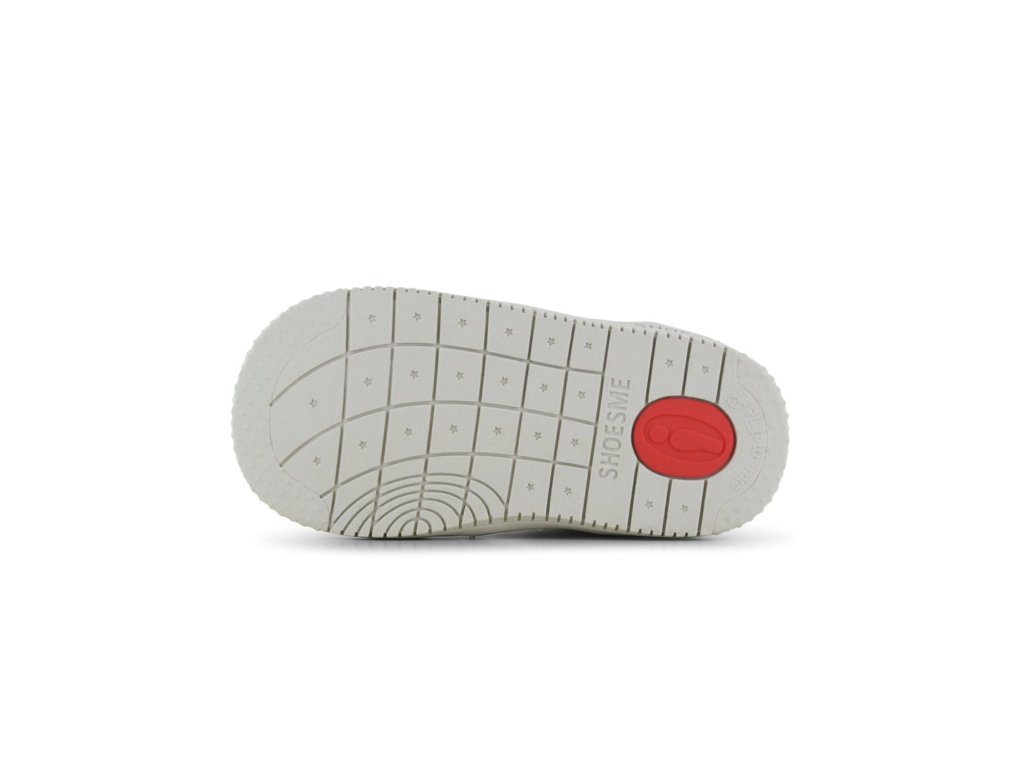 Sole of a shoe with a red circular logo on a white background