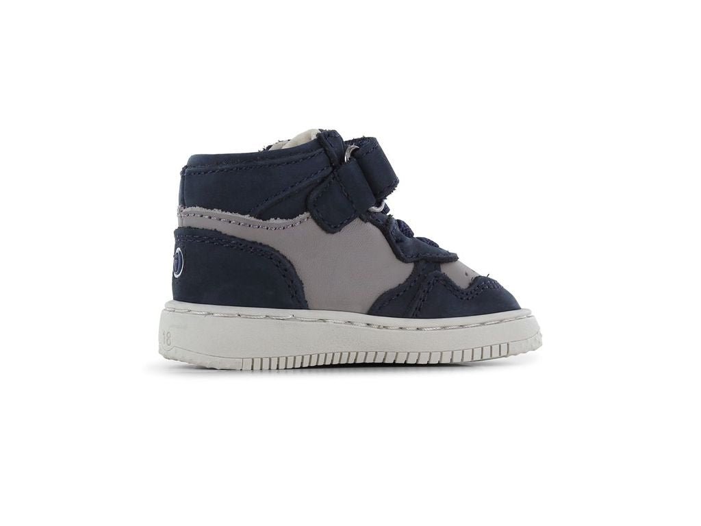 Navy and gray high-top sneaker with a strap on a white background
