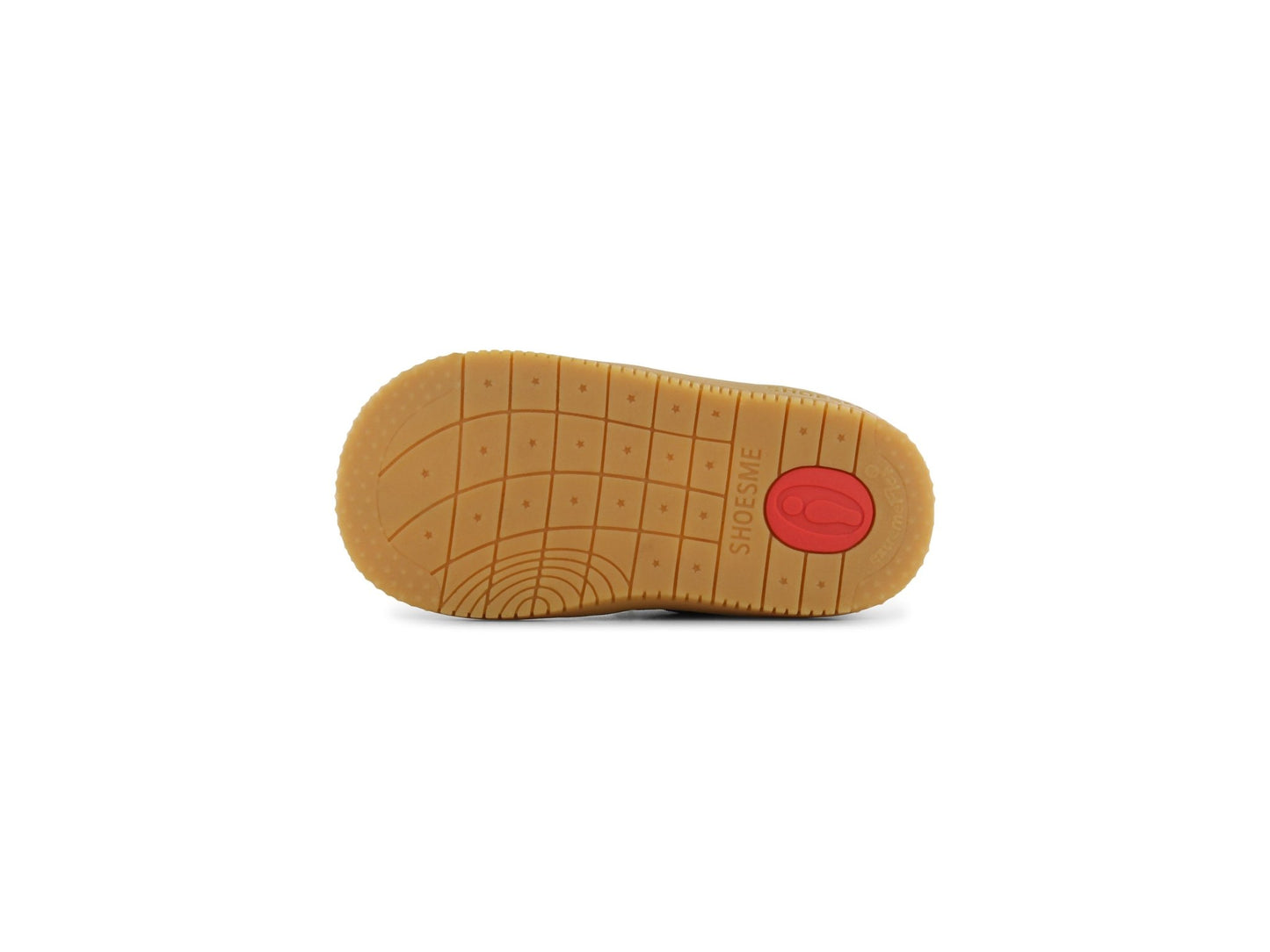 Brown sole of a shoe with a red circular shoesme logo on a white background
