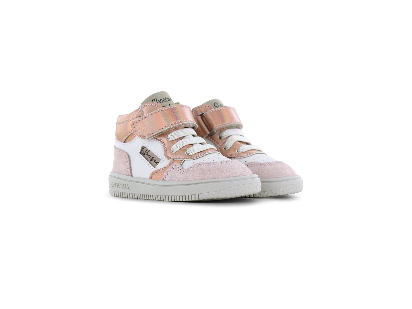Pair of Shoesme pink and white high-top sneakers on a white background