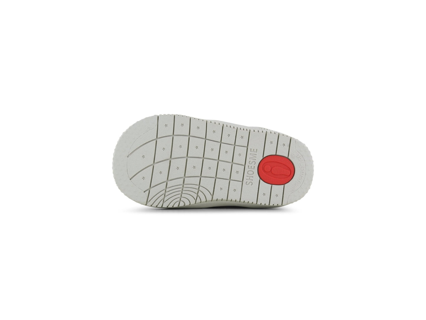 Sole of a shoe with a red circular label on a white background
