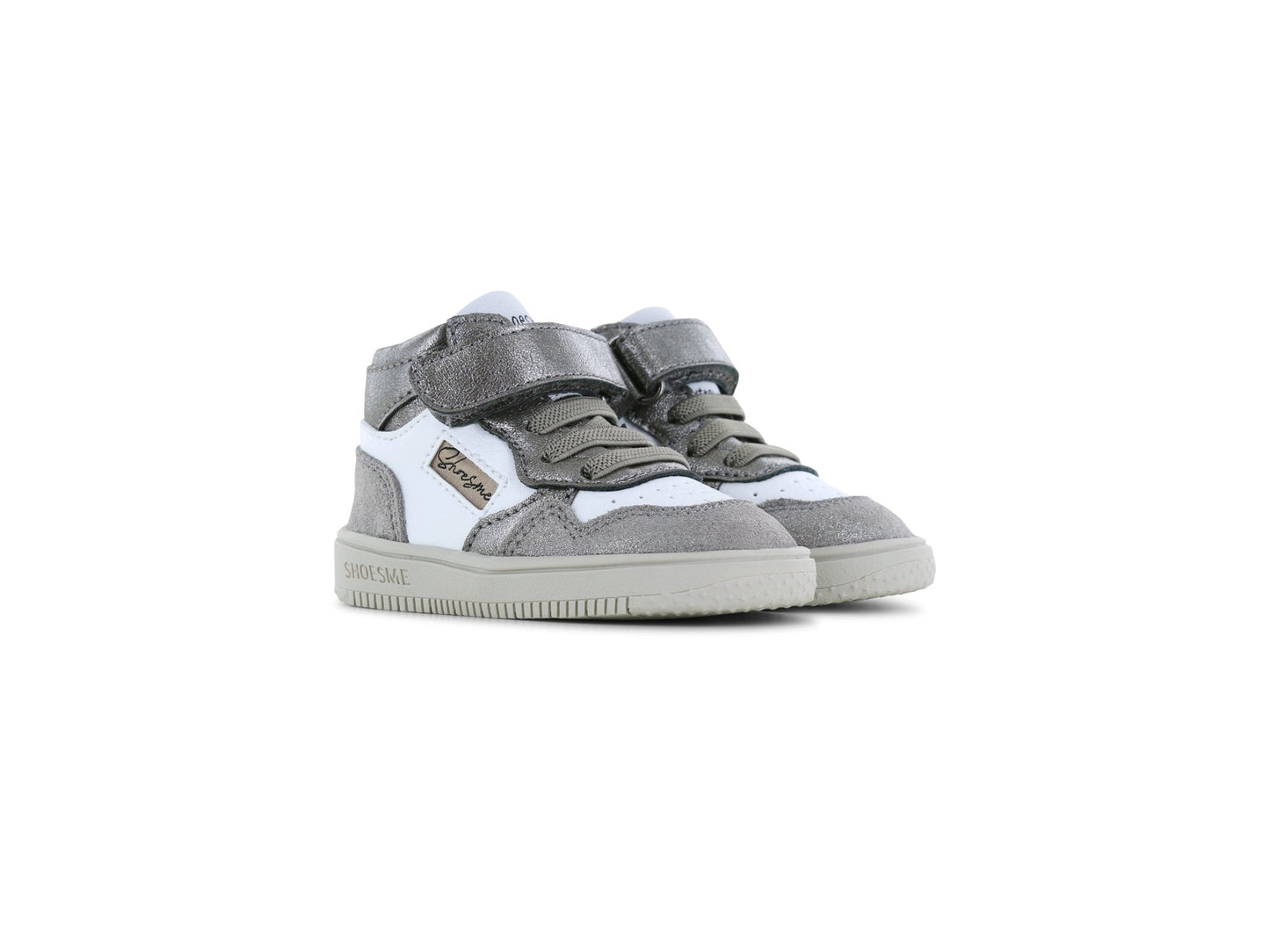 Gray and white high-top sneakers on a white background