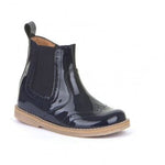 Froddo stockist - Froddo navy patent chelsea boot with brogue detail and inside leg zip fastening