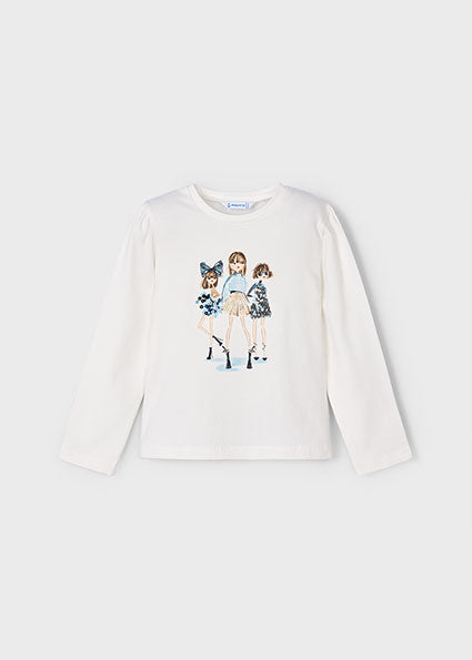 White long-sleeve shirt with a graphic of three fashion girls on a white background