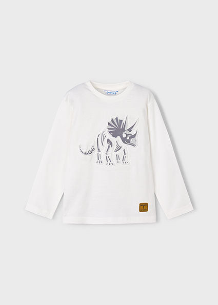 Mayoral long sleeve t-shirt - White long-sleeve shirt with dinosaur graphic on a white background
