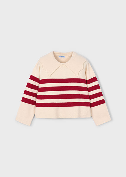 Mayoral  cream jumper with chunky red stripes and oversized collar