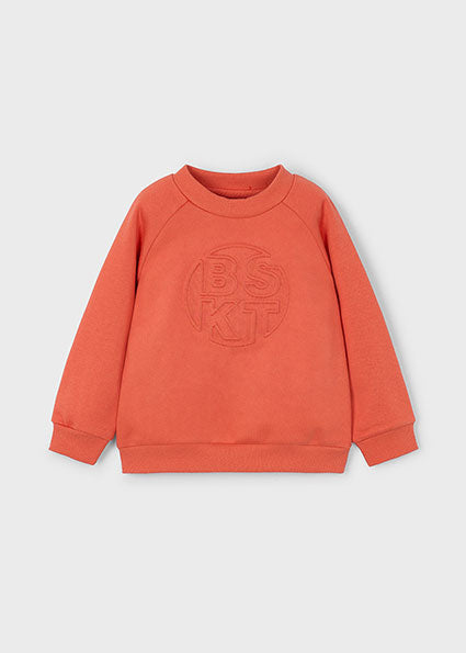 Orange sweatshirt with a logo on a light grey background