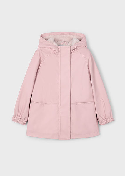 Pink coat with a hood on a light gray background