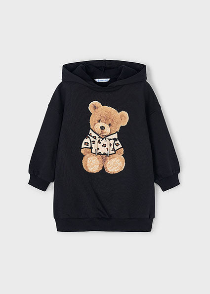 Black hoodie with a teddy bear graphic on a light gray background