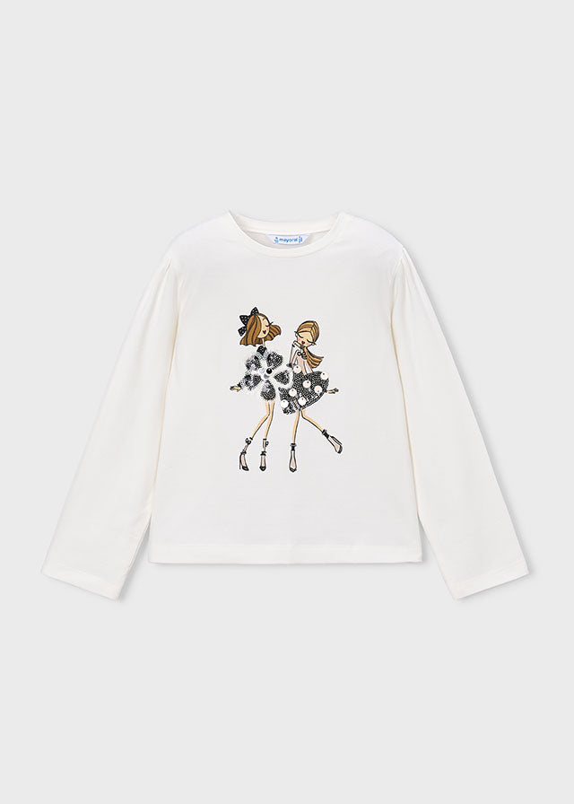 Girl's white cotton‑modal long sleeve T‑shirt with fashion‑inspired graphic