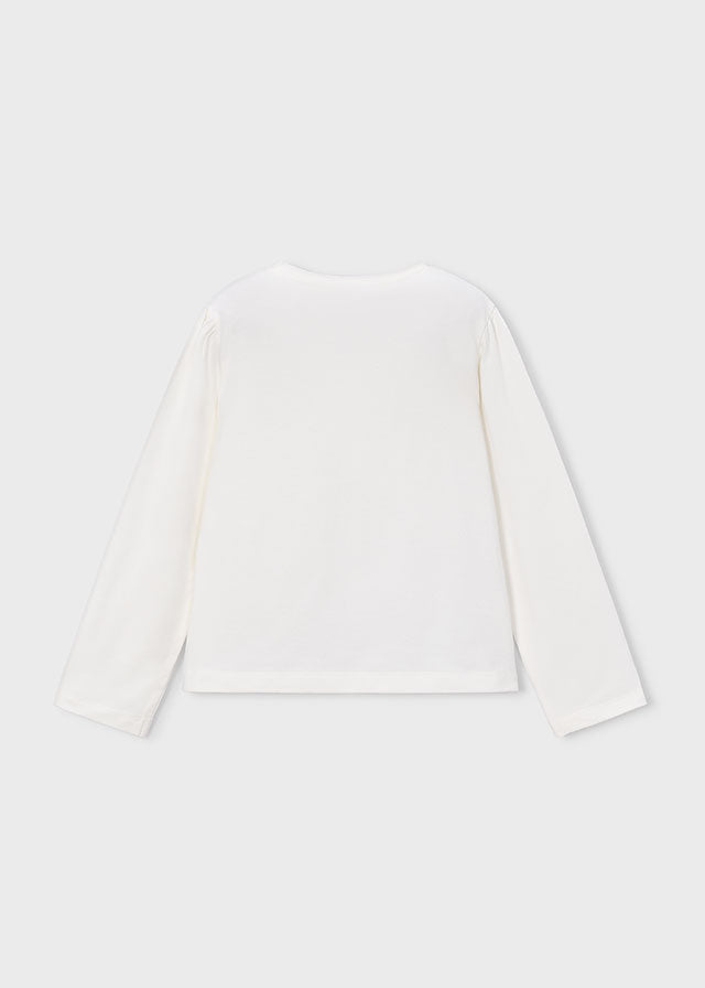 Girl's white cotton‑modal long sleeve T‑shirt with fashion‑inspired graphic