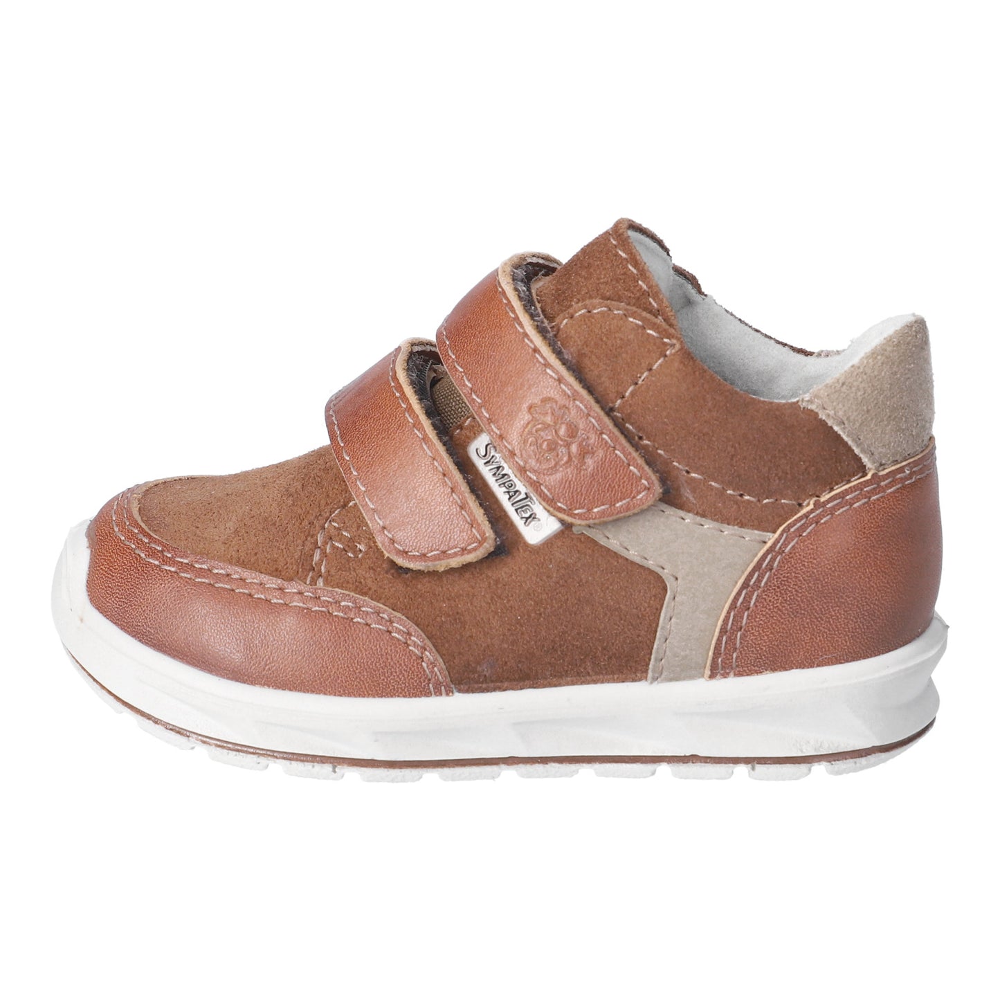 Brown children's shoe with a white sole on a white background