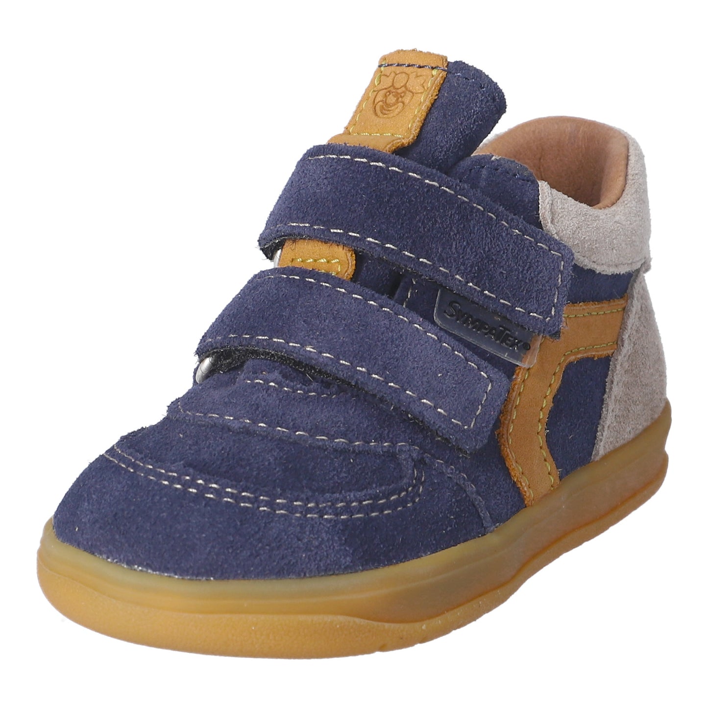 Blue children's shoe with brown accents on a white background