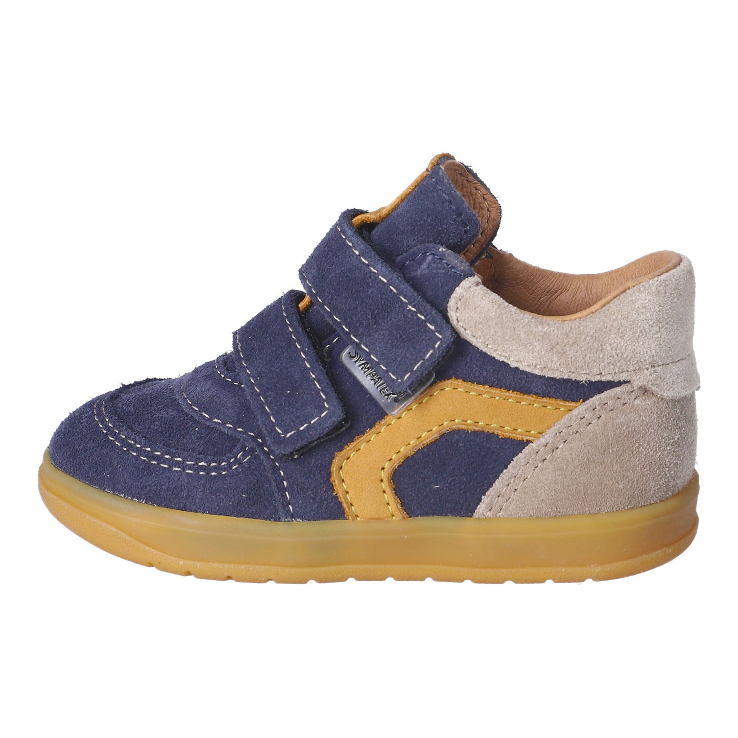 Children's shoe with blue, yellow, and beige colors on a white background