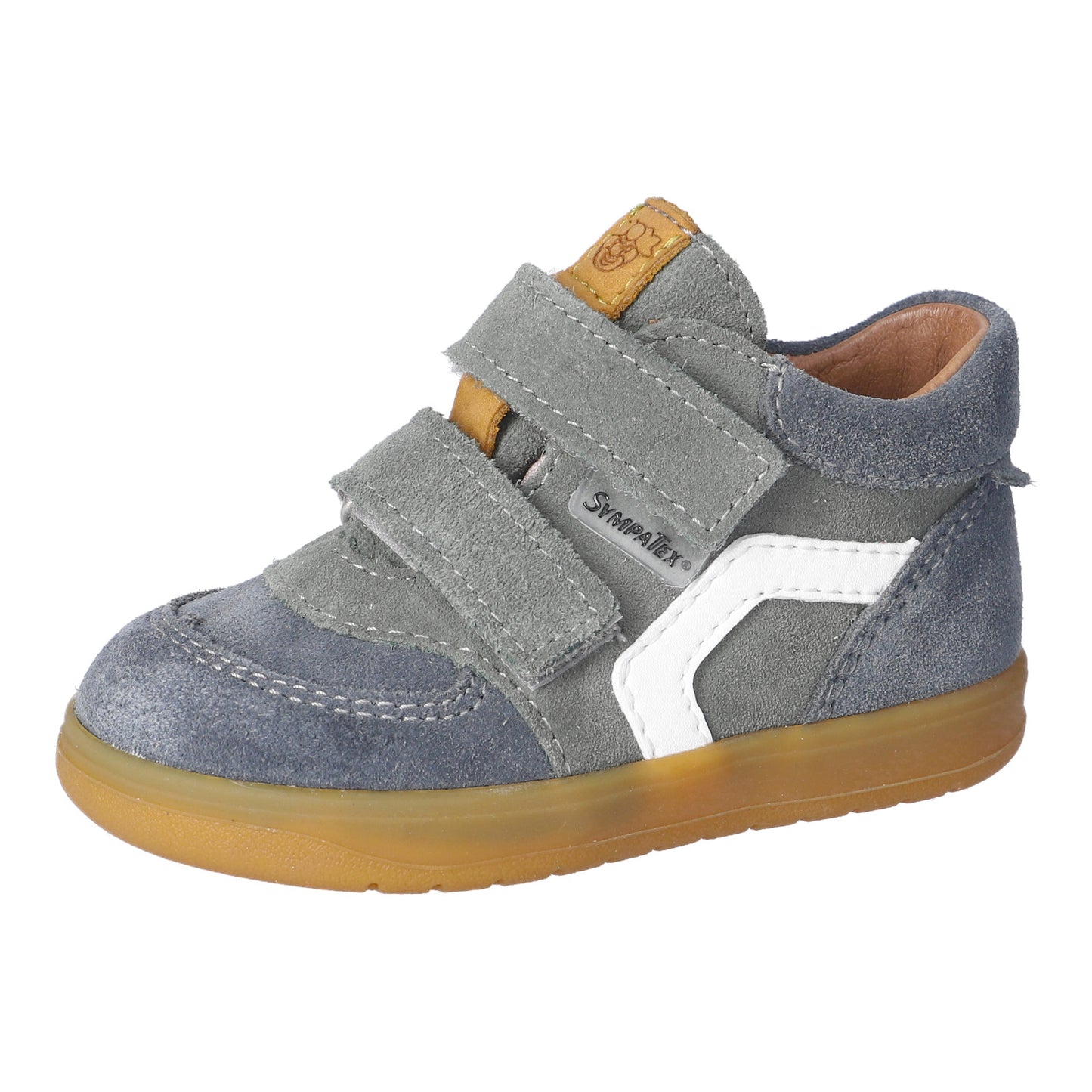 Gray children's shoe with brown sole and white sole on a white background