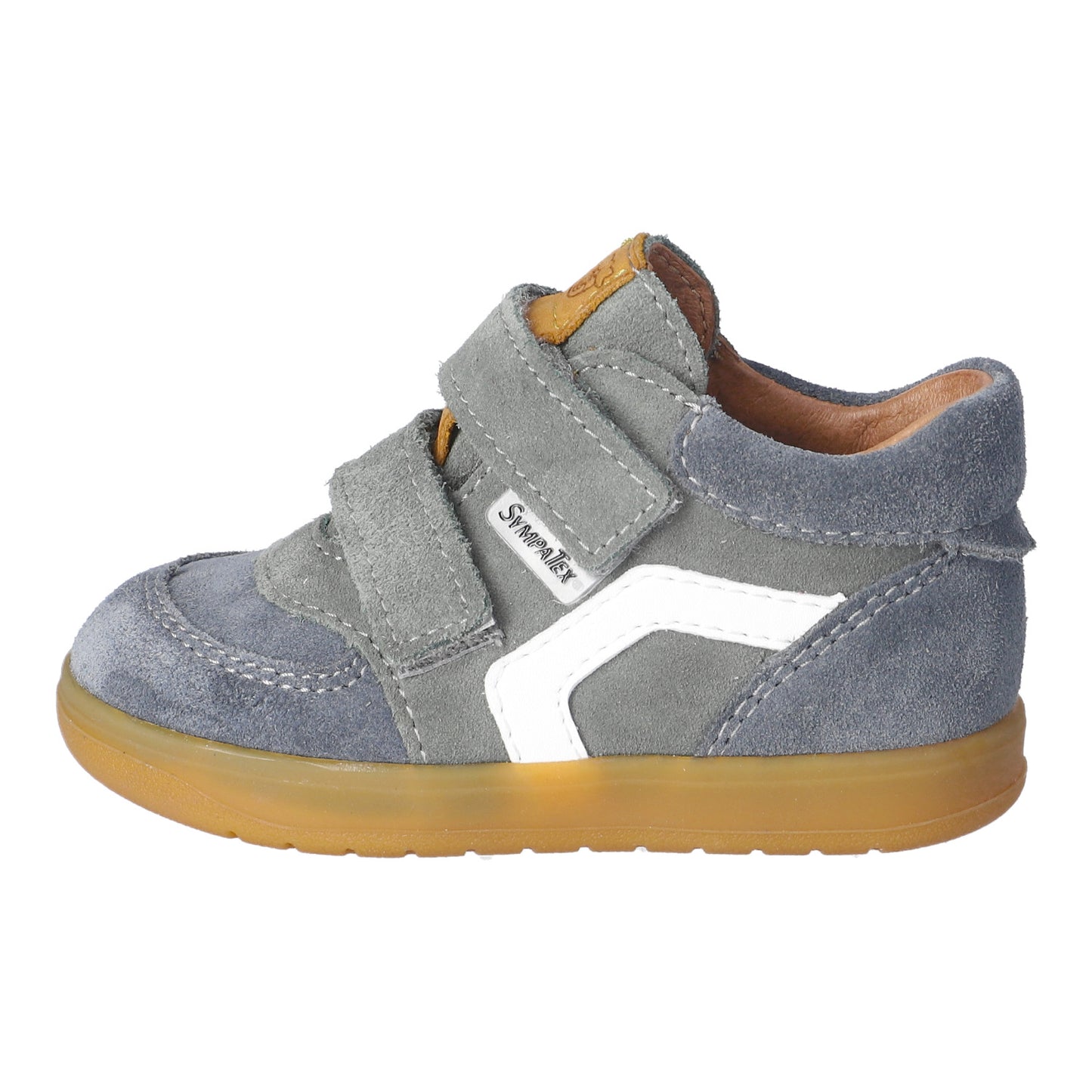 Gray children's shoe with a brown sole on a white background