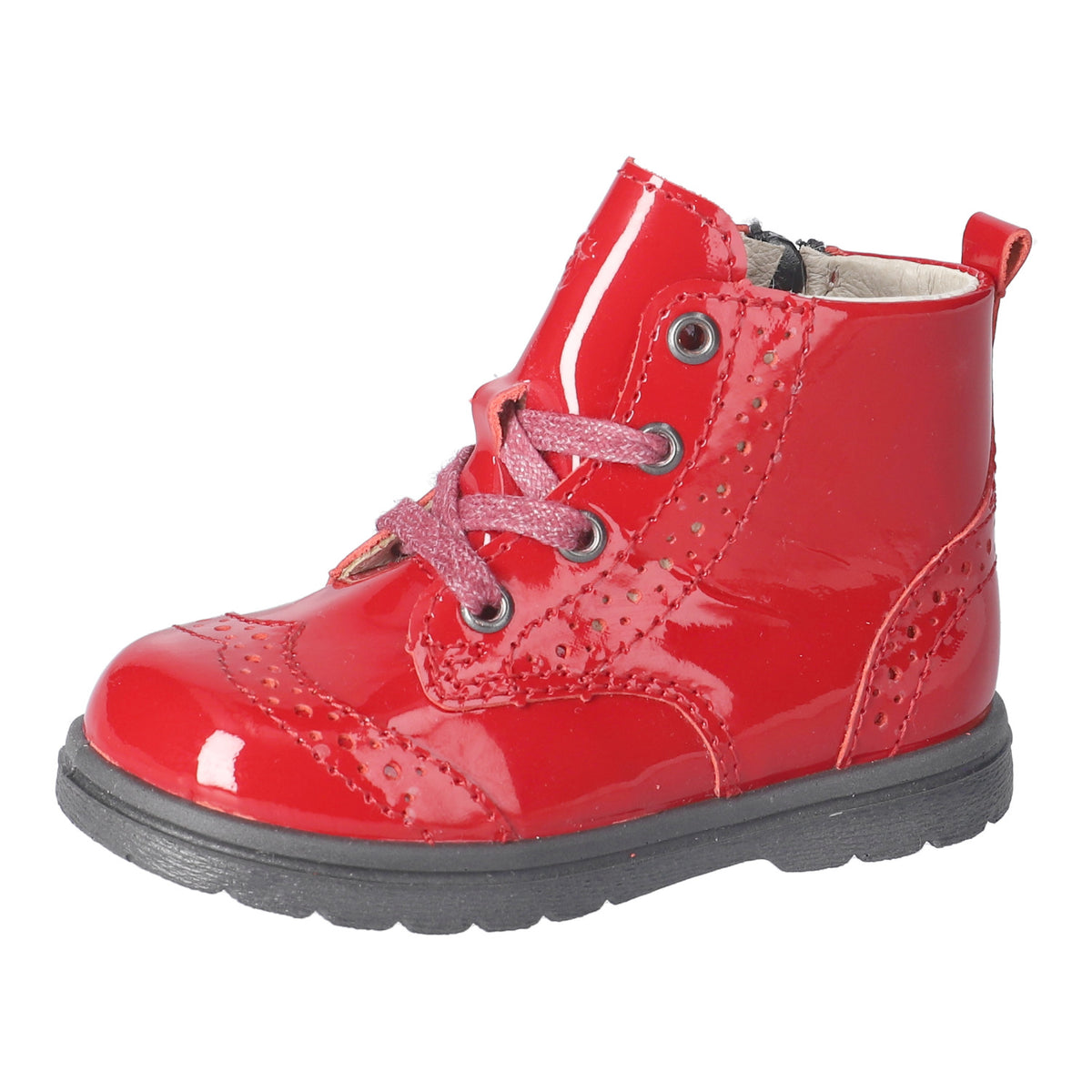 Red patent Ricosta children’s boot with brogue detailing, leather lining, Vildona insole, lace‑up fastening and flexible sole.
