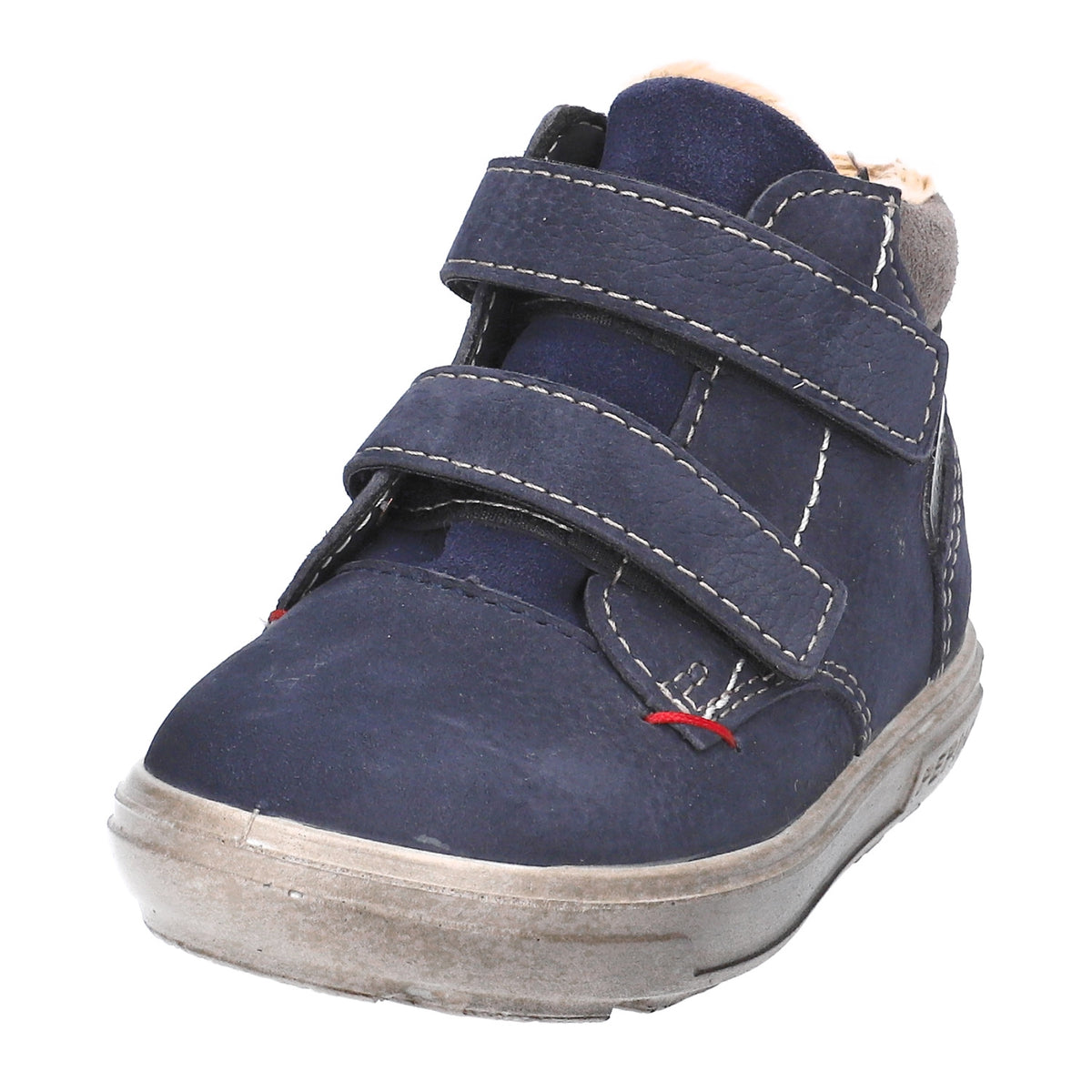 Navy Ricosta Pepino ALEX children’s high‑top boot with leather upper, lambswool lining, SympaTex waterproof membrane and hook‑and‑loop straps.