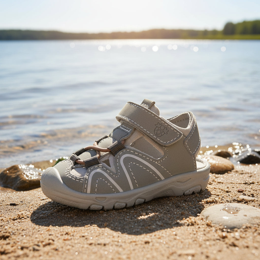 Ricosta Grey children's water sandal with velcro straps on a white background