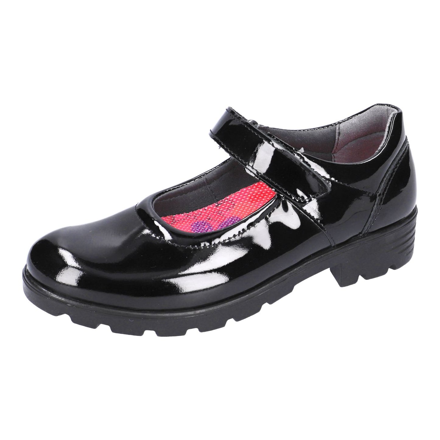 Black patent Ricosta Nora girls’ Mary‑Jane school shoe with hook‑and‑loop strap and flexible sole.