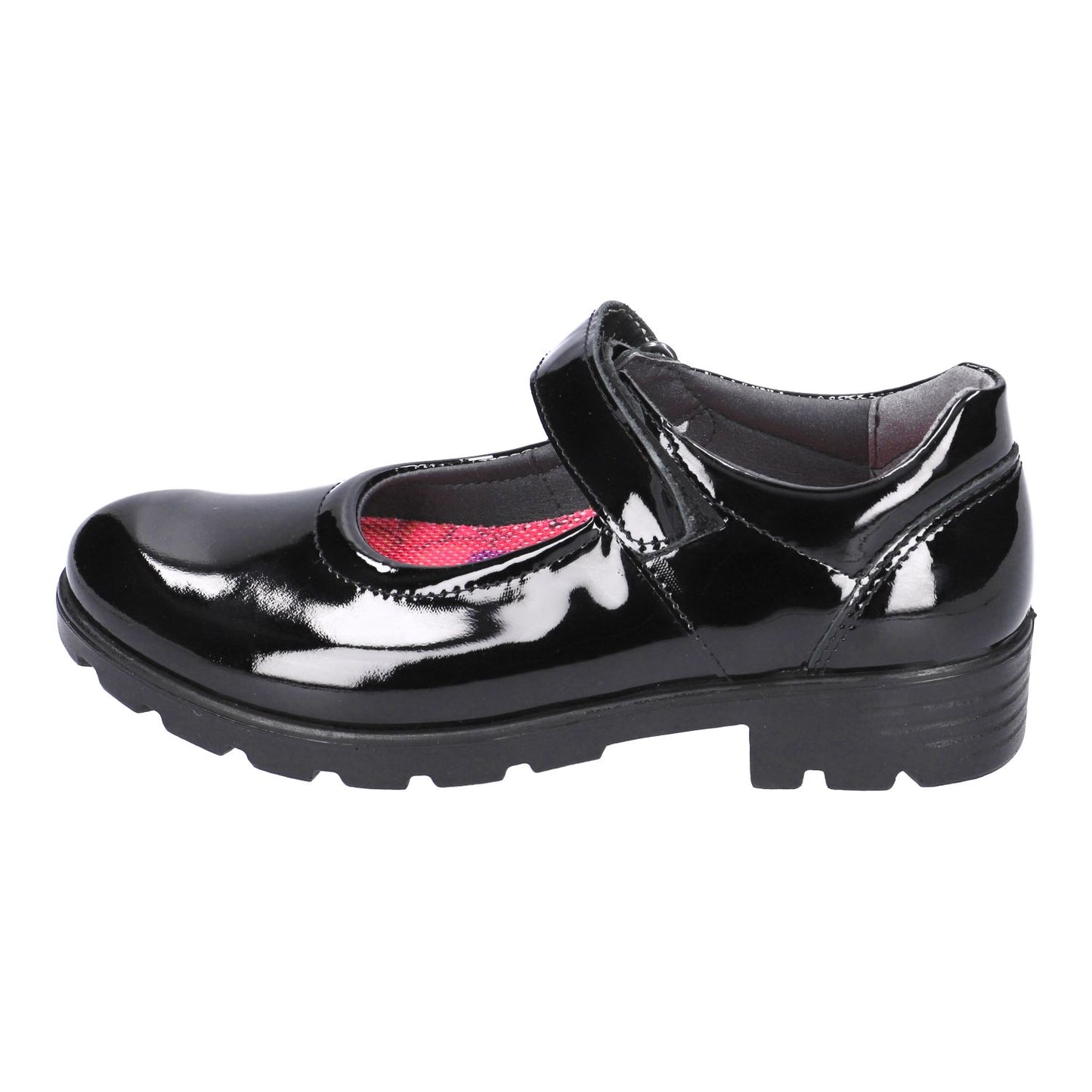 Black patent Ricosta Nora girls’ Mary‑Jane school shoe with hook‑and‑loop strap and flexible sole.
