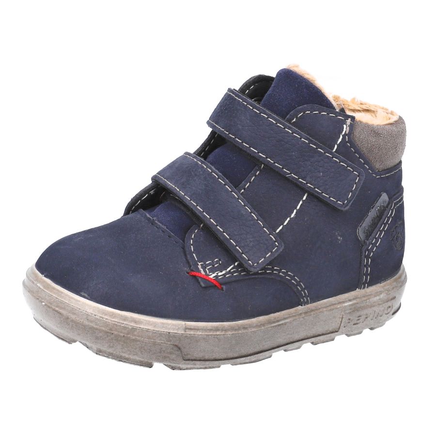 Navy Ricosta Pepino ALEX children’s high‑top boot with leather upper, lambswool lining, SympaTex waterproof membrane and hook‑and‑loop straps.