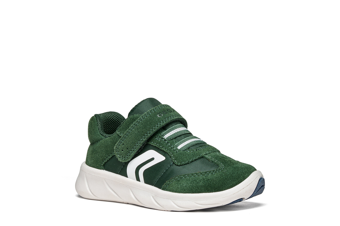 Forest green and white Geox Foot Run baby barefoot trainer with mesh-and-suede upper, elastic laces, Velcro strap, and flexible natural-motion sole.