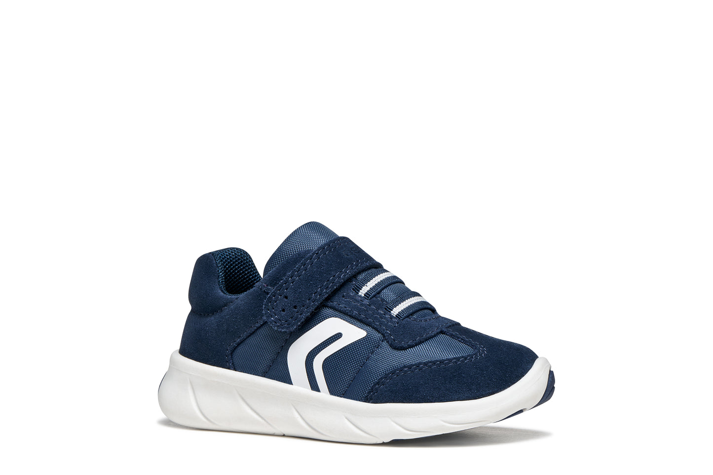 Light Navy and white Geox Foot Run baby barefoot trainer with mesh-and-suede upper, elastic laces, Velcro strap, and flexible natural-motion sole.