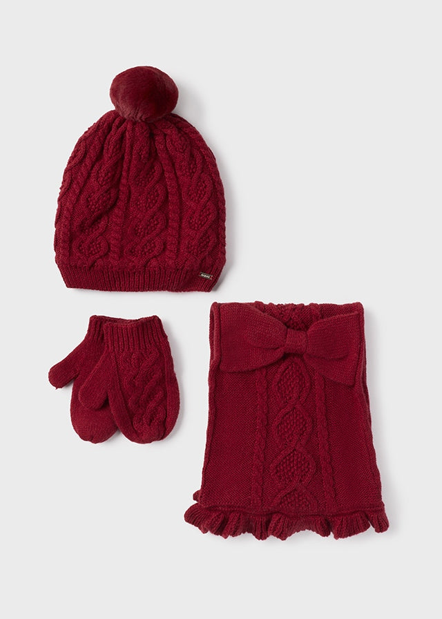 mayoral cherry hat and scarf set with mittens