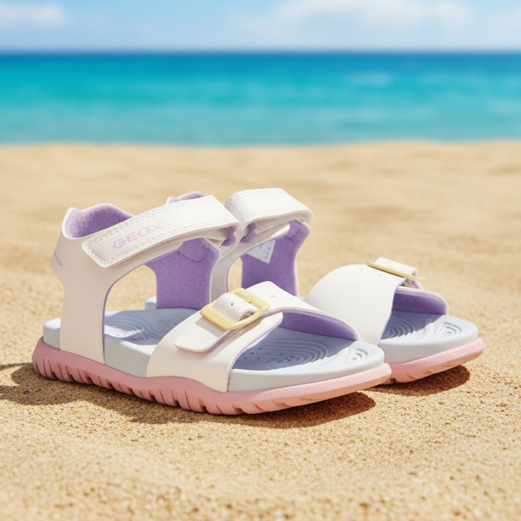 Geox Pair of white and pink sandals with purple accents on a white background - water sandal