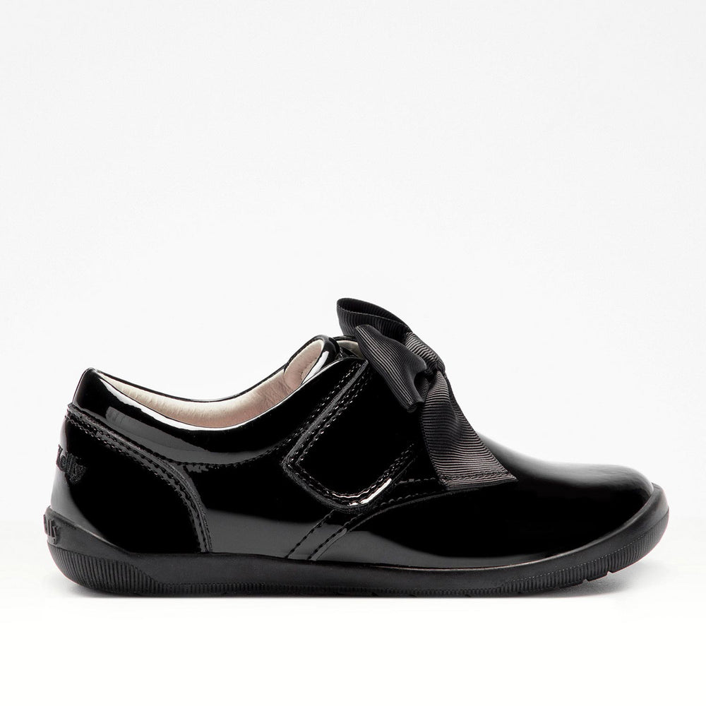 Lelli Kelly elizabeth black patent full school shoe with bow detail to rip-tape fastening strap