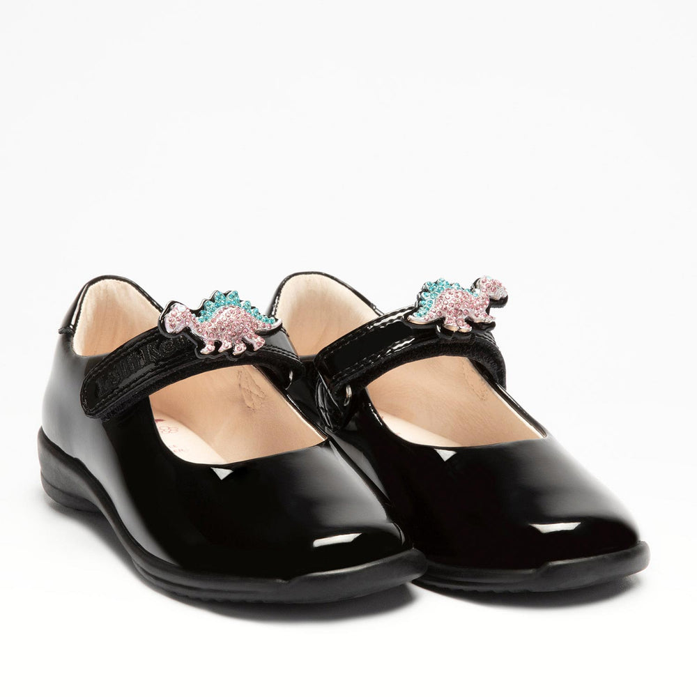 Lelli Kelly dino, black patent school shoe with removable sparkly dino strap accessory 