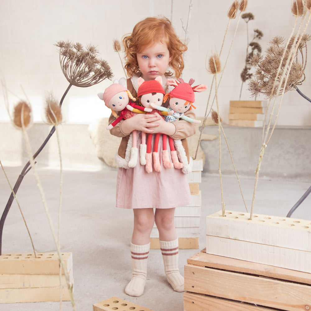 Lilliputiens Lena soft fabric doll with blonde braids, unicorn‑horn hat, forest dress and matching gift box. Little Bigheads.