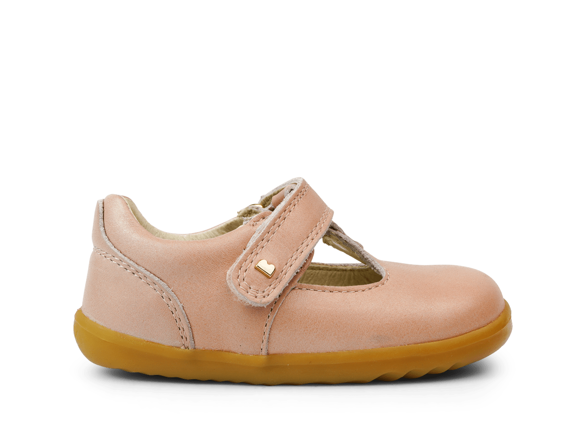 Bobux louise dusk pearl pink leather t-bar first shoes with tan rubber sole